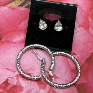 Sterling Silver Earrings Duo:  Hoops Made in Italy; CZ Pear-Shaped Posts